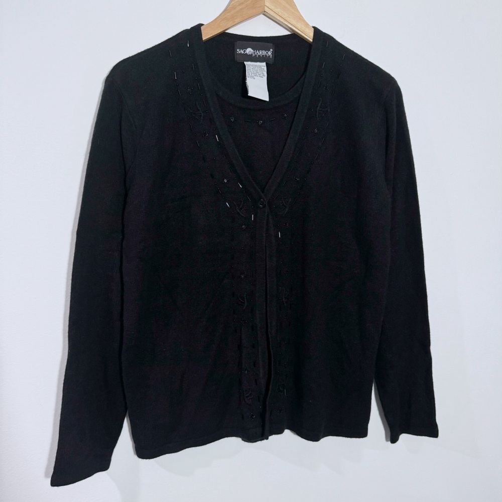 NWT Sag Harbor‎ Cardigan Built In Tank Beads Black Medium Petite Work Wear
